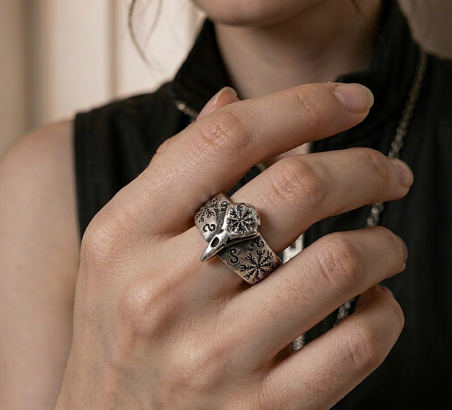 Raven Skull Viking Ring worn on a hand — 316L stainless steel